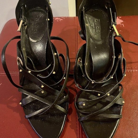 Gucci Vintage Black Stilleto Sandals Crisscross Straps With Grommets, 9B - Picture 1 of 5